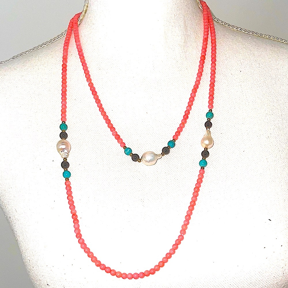 Gorgeous Coral, turquoise  Necklace with Pearls real gemstones. Adjustable